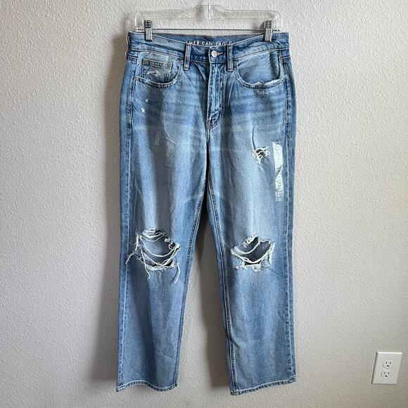 New American Eagle Low Rise Baggy Jeans Women's 4 Short Distressed Light Wash - Picture 1 of 8